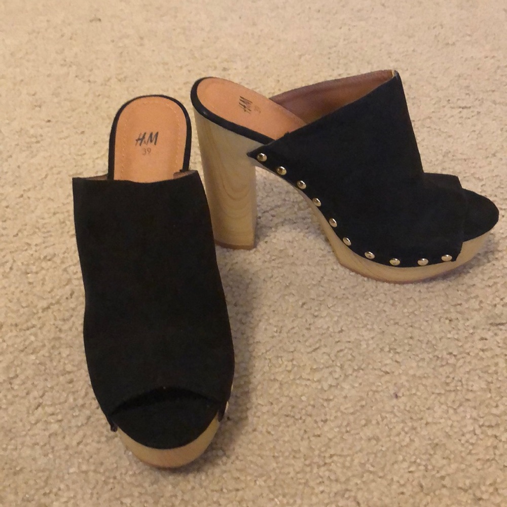 Black suede wooden mule/clog heels